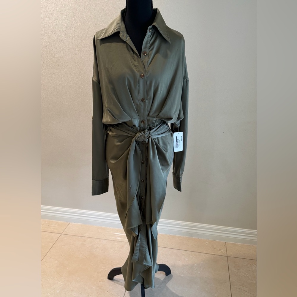 OJ Collection Olive Satin Shirt Front Tie Maxi Dress size Small